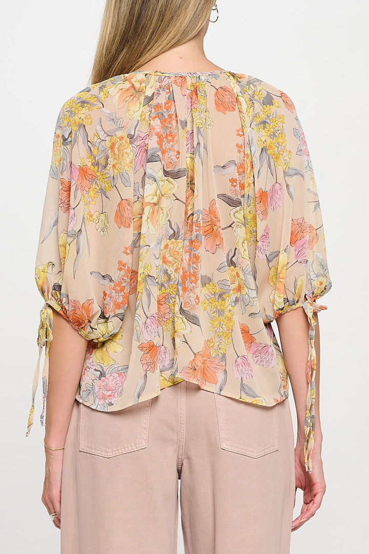 Floral Print Sheer V neck Top with Sleeve Tie-3
