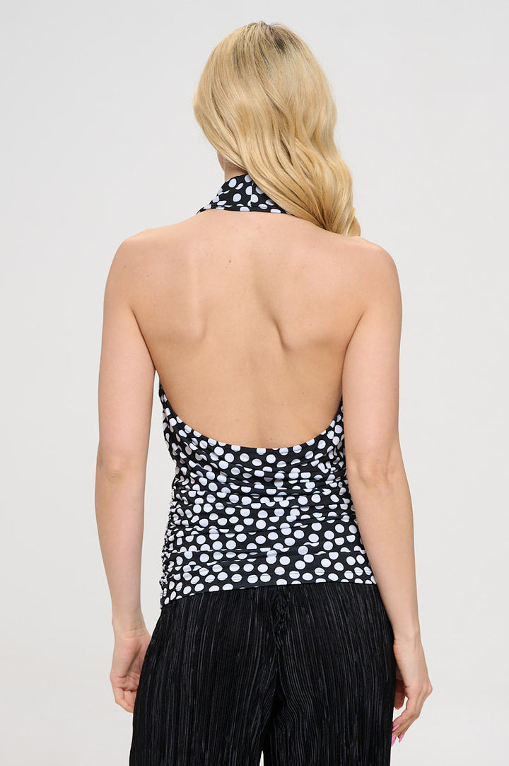 Polka Dot Deep Halter V neck Side Ruched Top w Open Back-3