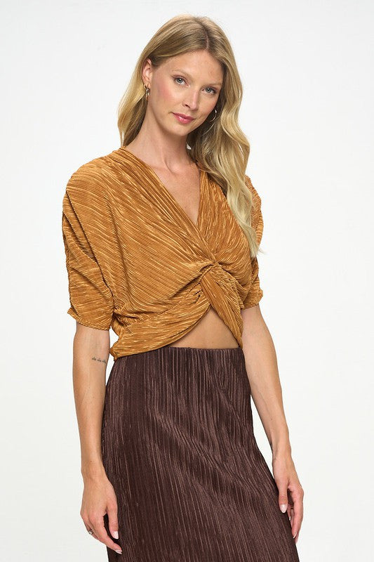 Plisse Mid Scrunched Sleeve Top with Front Twist-2