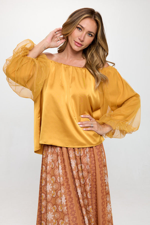 Solid Satin Front Versatile Top with Puff Sheer Sleeve-0