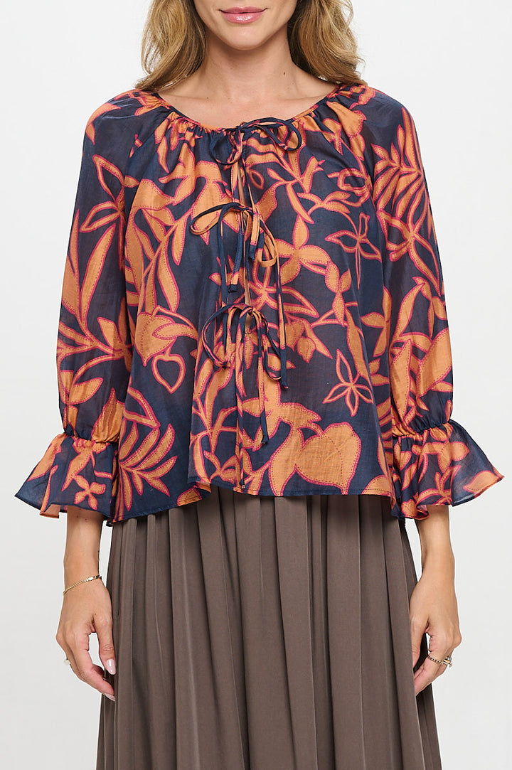 Print Round neck Top with Front Tie Detail-1