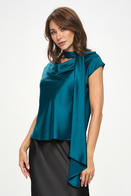 Satin Cowl Neck Short Sleeve Top with Scarf Detail-1