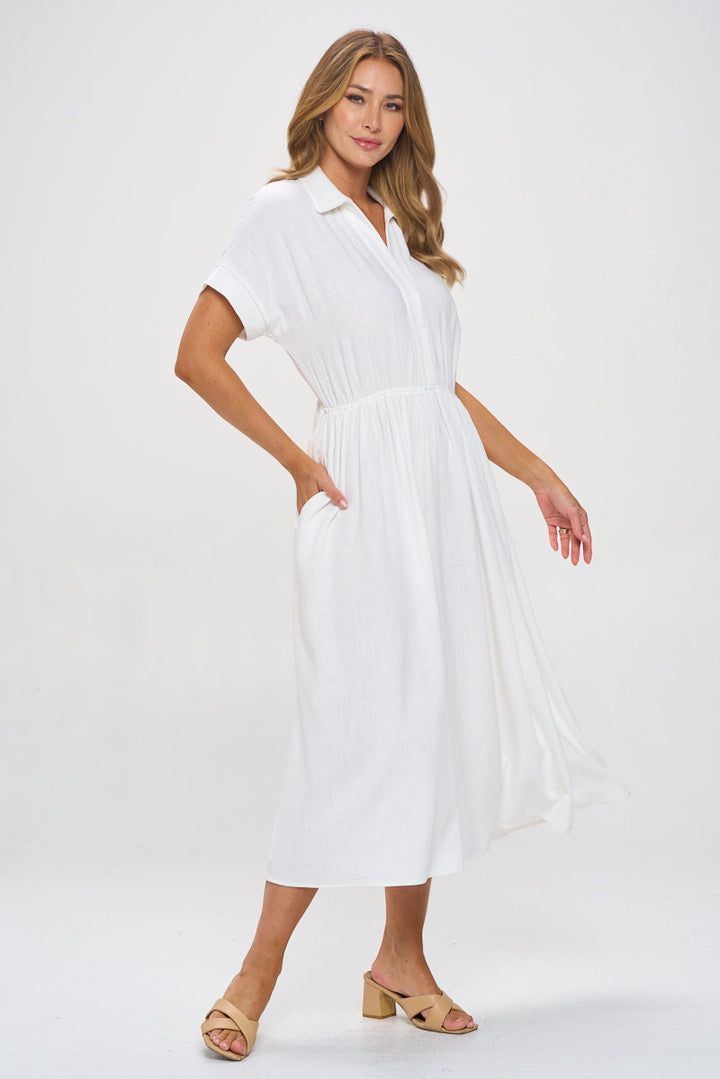 Linen Solid Collared V neck Dress with Pockets-1