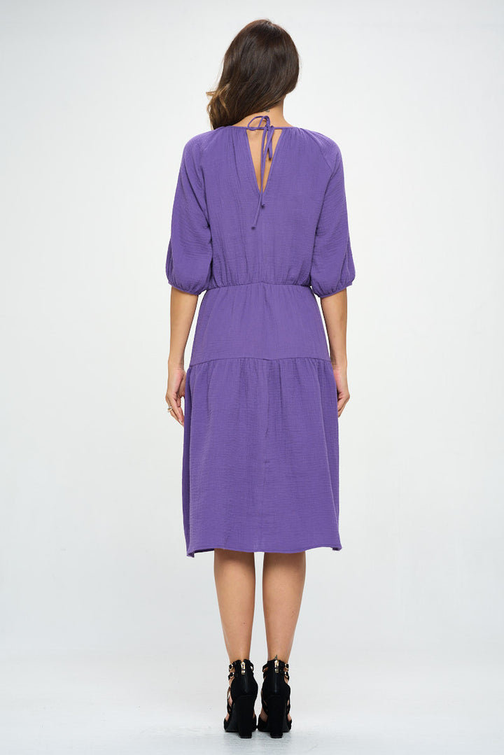 Cotton 3/4 Sleeve Tiered Midi Dress-4