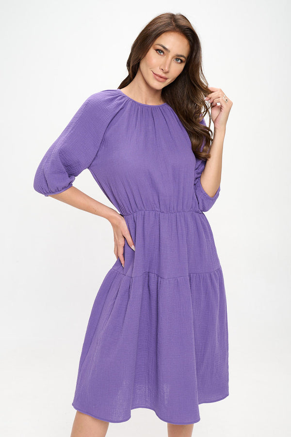 Cotton 3/4 Sleeve Tiered Midi Dress-0