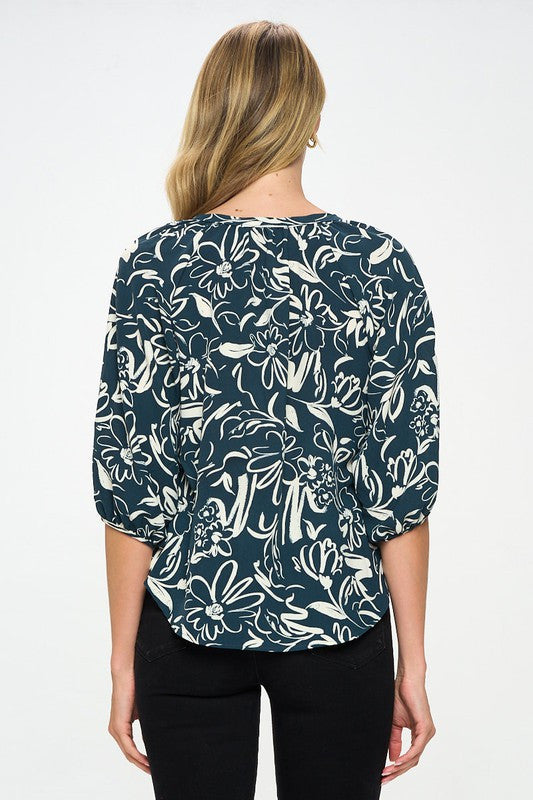 Flower Print V neck Top with 3/4 Sleeve and Tie-3