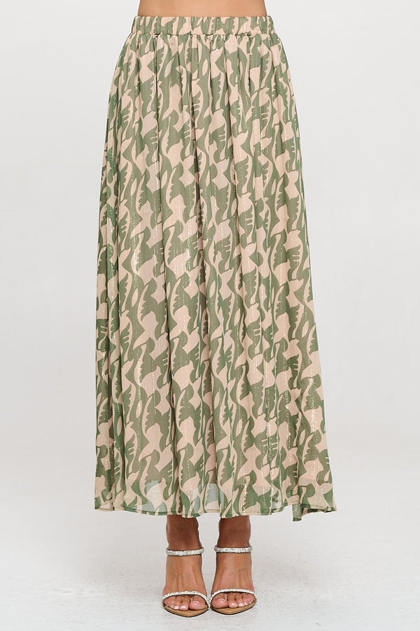 Print Sheer Maxi Skirt with Lining and Elastic Waist-0