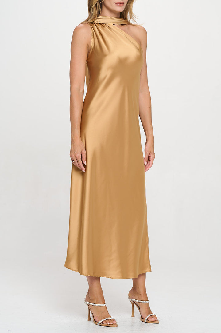 One Shoulder Satin Maxi Dress with Scarf Detail-3