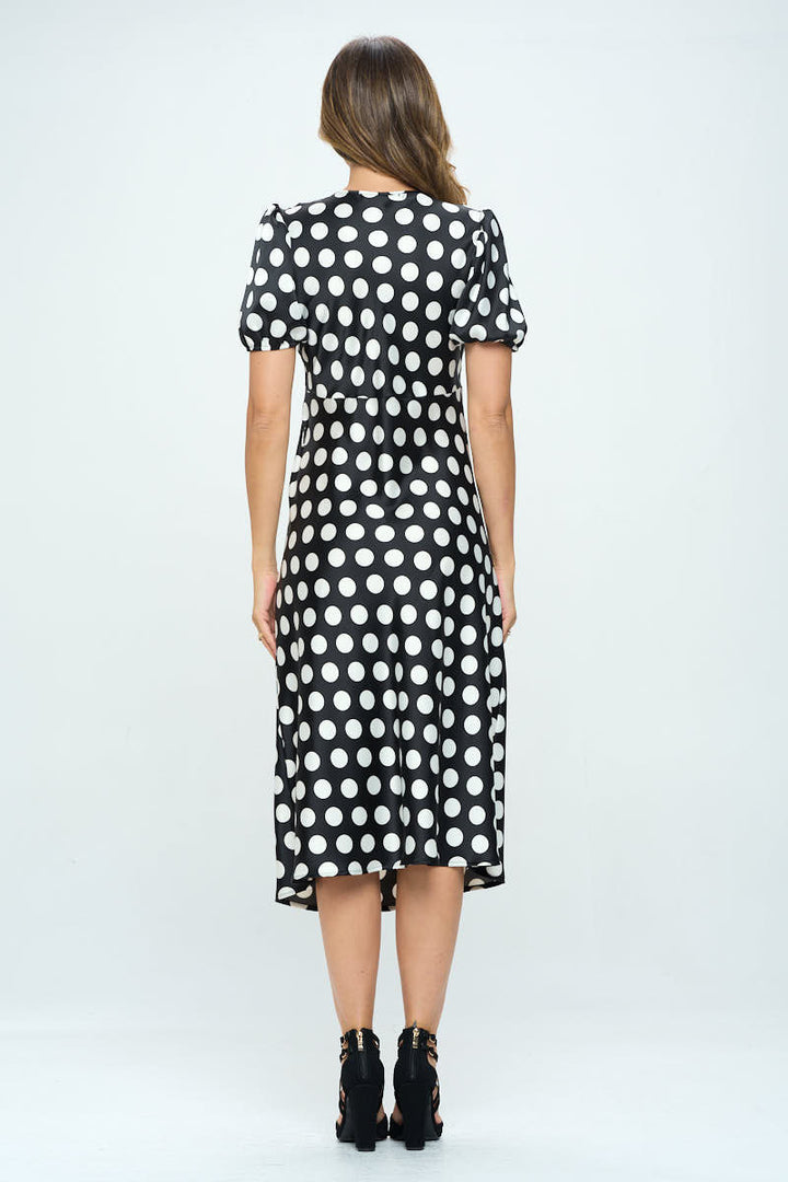 Stretch Satin Polka Dot Print Midi Dress-4