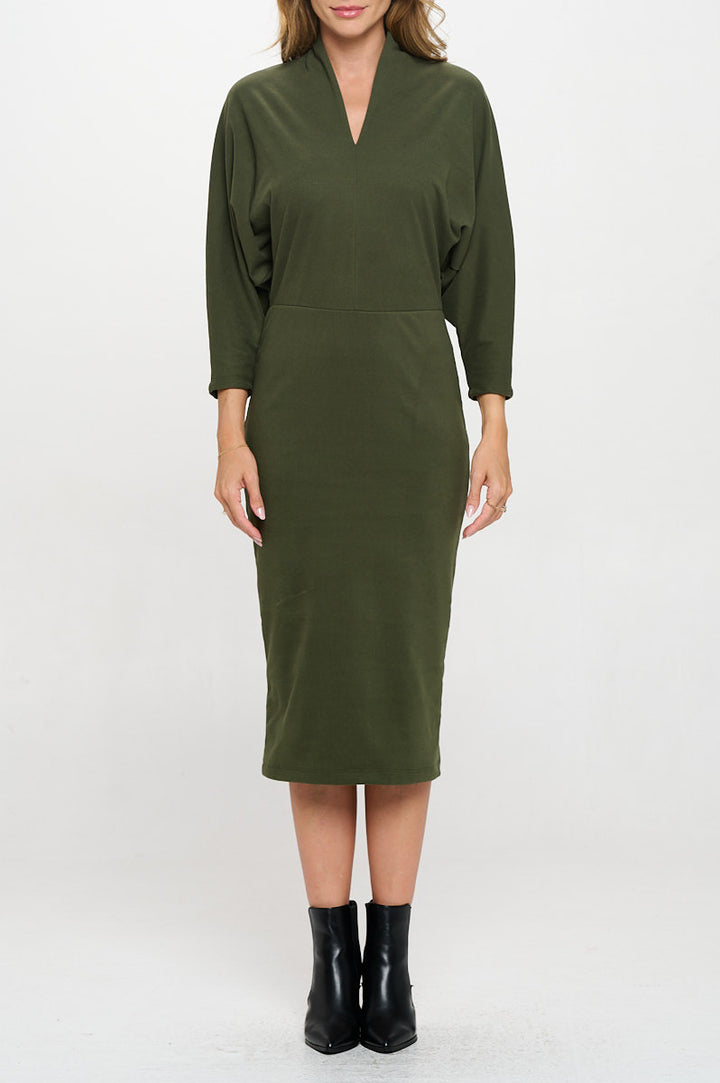 Suede Solid Dolman Sleeve Midi Bodycon Dress-2