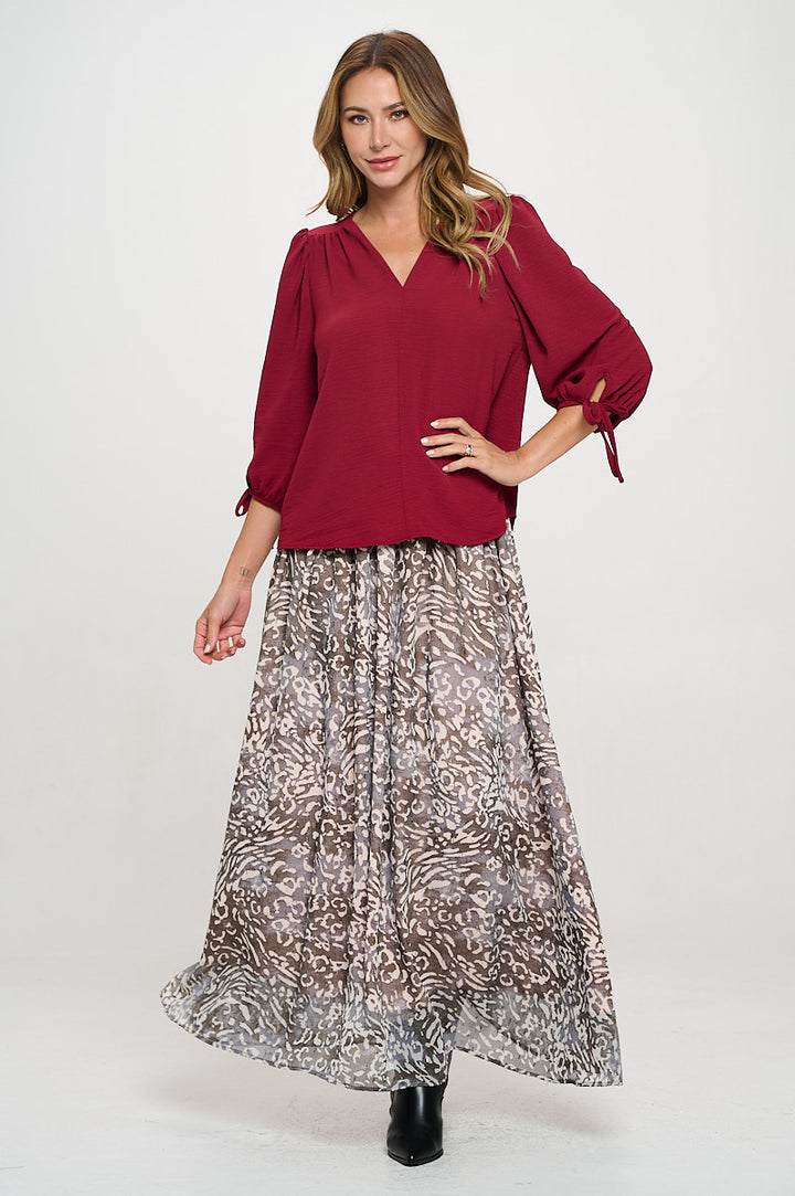 Solid V neck 3/4 Sleeve Top with Sleeve Tie-4