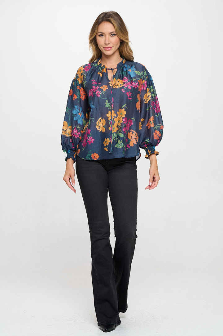 Floral Print V neck Top with Cuffed Sleeve-4