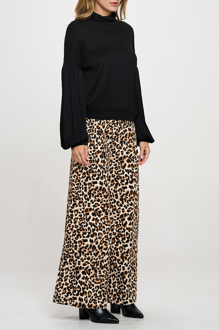 Rib Knit Turtleneck Top with Balloon Cuffed Sleeve-2