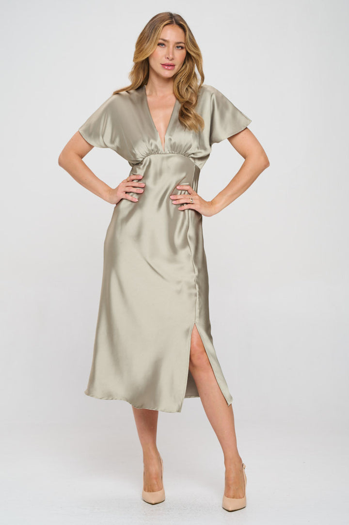 Solid Satin V neck Midi Dress with Slit-2