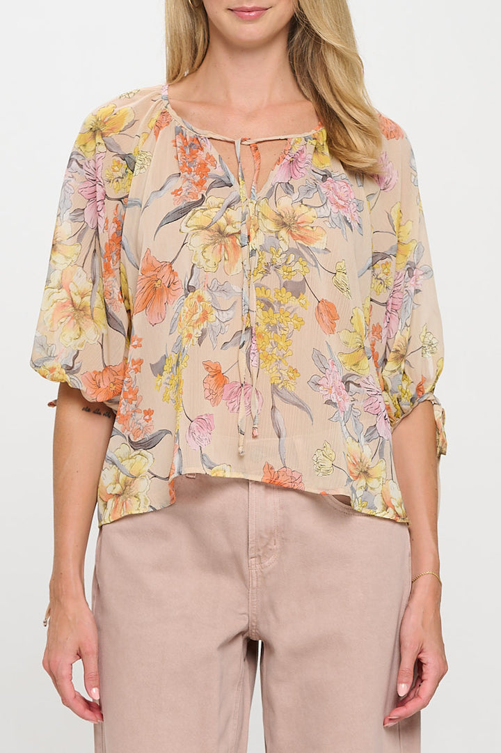 Floral Print Sheer V neck Top with Sleeve Tie-1