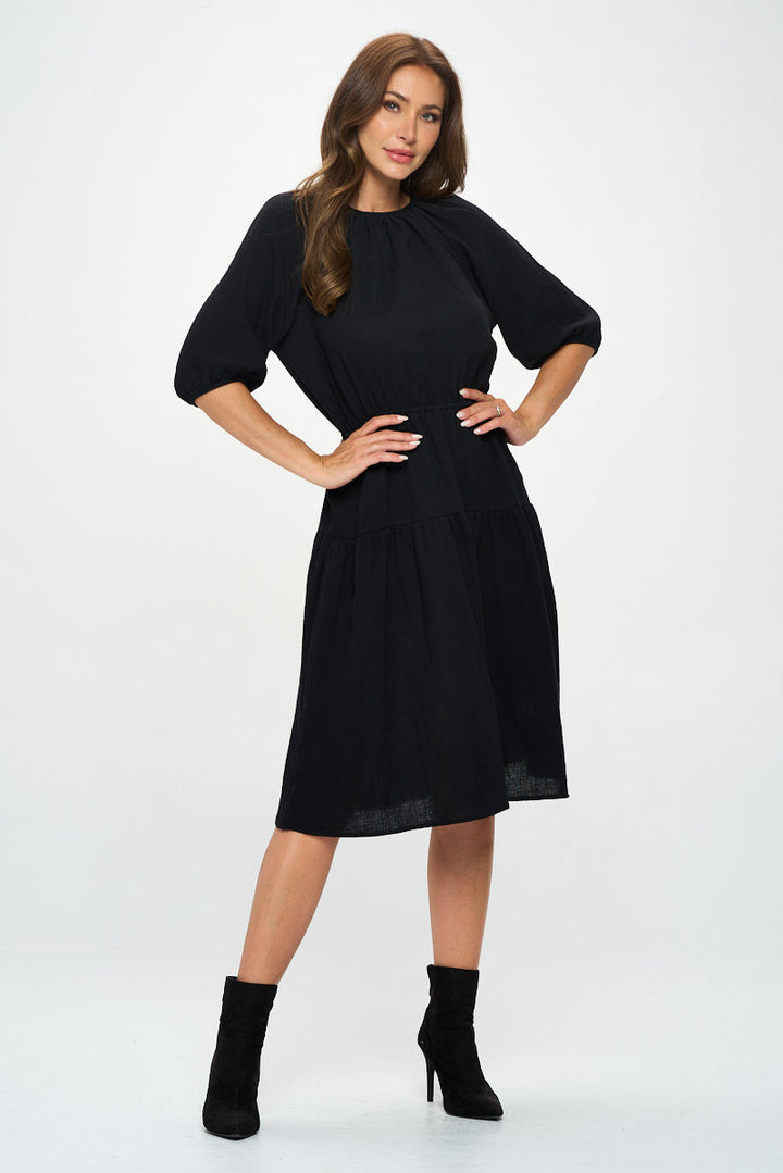 Cotton 3/4 Sleeve Tiered Midi Dress-3
