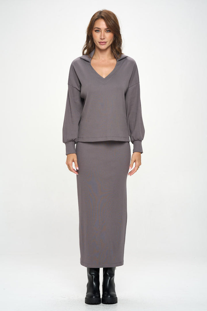 Rib Knit V neck Top with Collar-4