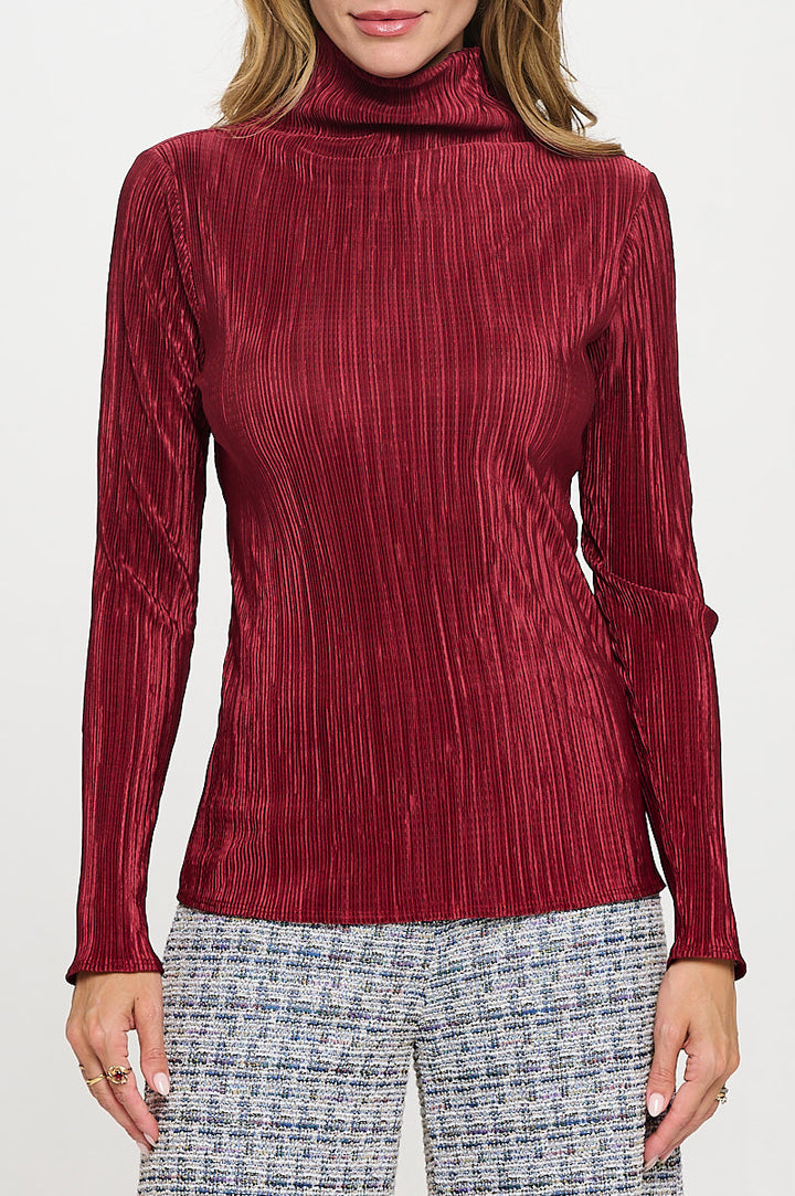 Plisse Long Sleeve Mock Neck Top-2