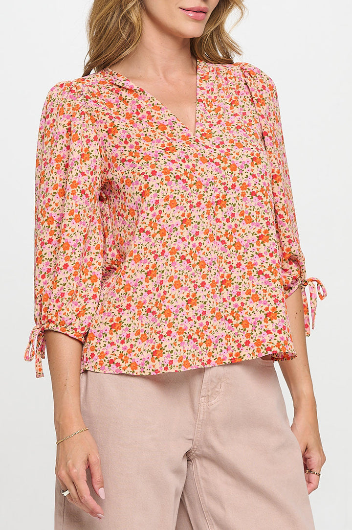 Floral Print V neck Top with Sleeve Tie-2