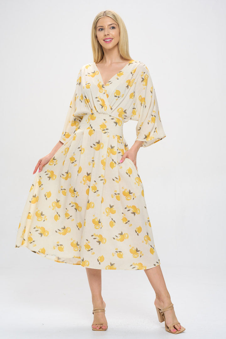 Lemon Print V neck Swing Midi Dress with Pockets-2