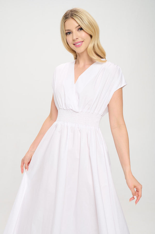 Cotton Solid V neck Maxi Dress with Smock Waist-0