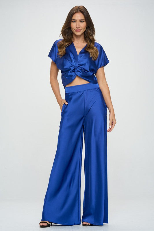 Satin Short Sleeve Top with Front Twist-4