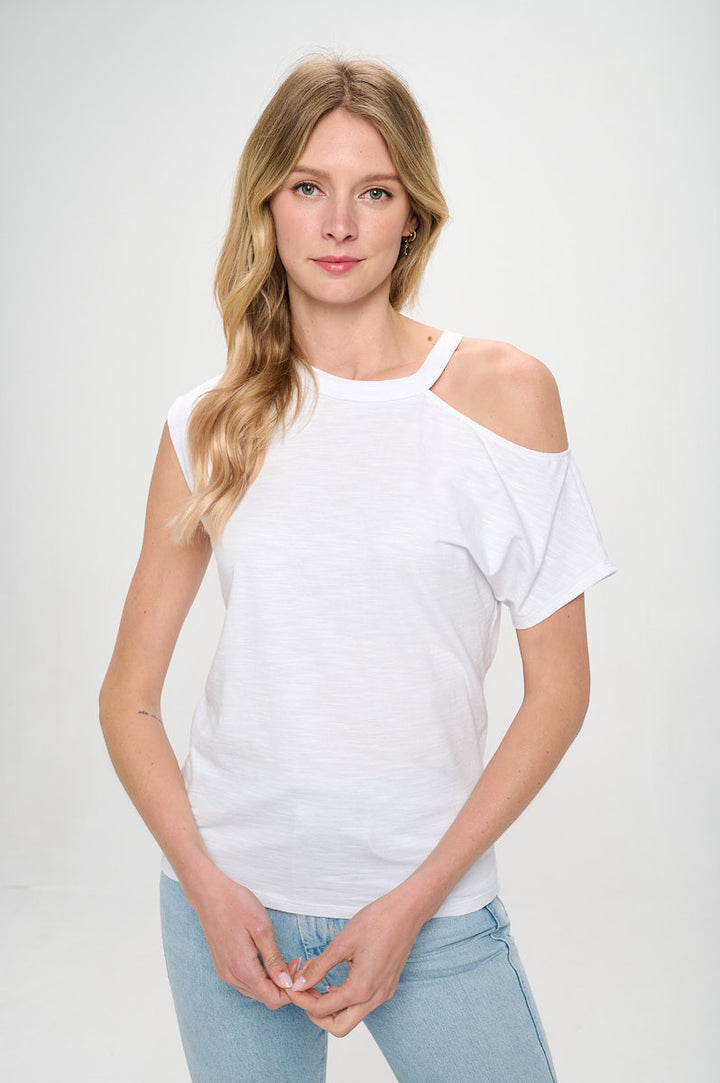 Cotton Slub Spandex One Open Shoulder Knit Top-0