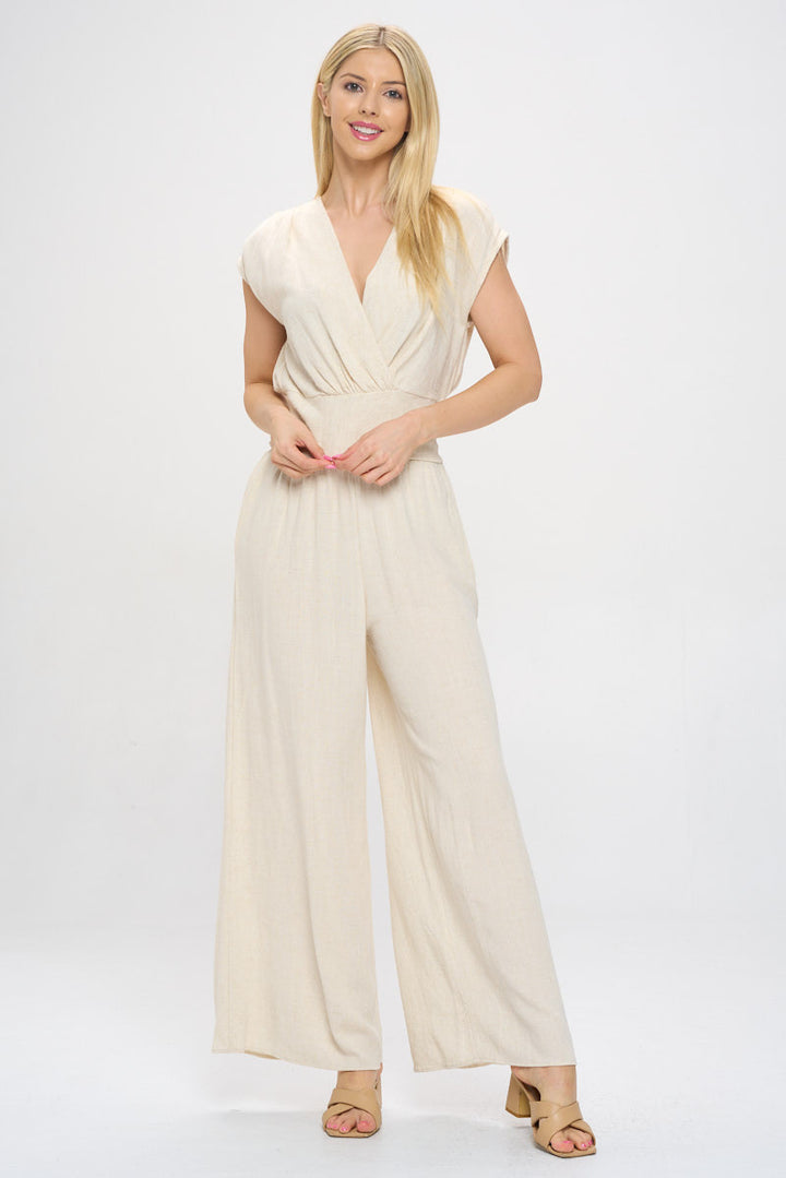 Solid Linen V neck Crop Top w Smock Back Detail-4