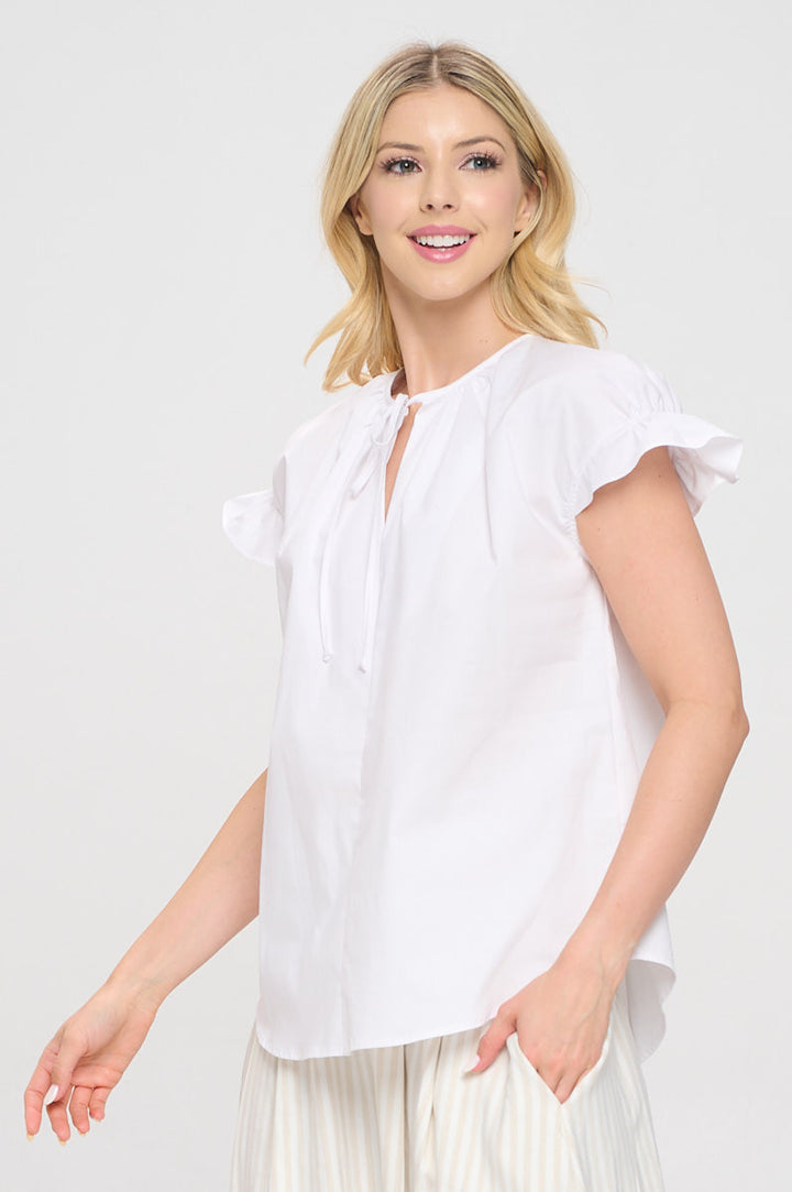 Cotton Solid Short Sleeve V neck Top with Tie-1