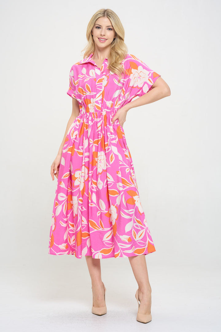 Flower Print Collared V neck Midi Dress with Pockets-1