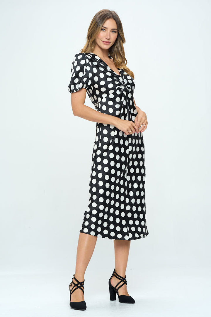 Stretch Satin Polka Dot Print Midi Dress-3
