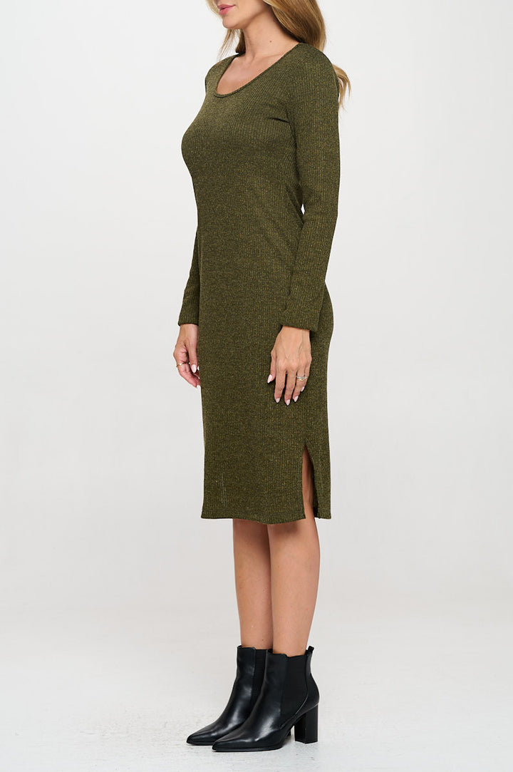 Rib Knit Round neck Bodycon Midi Dress with Side Slit-3