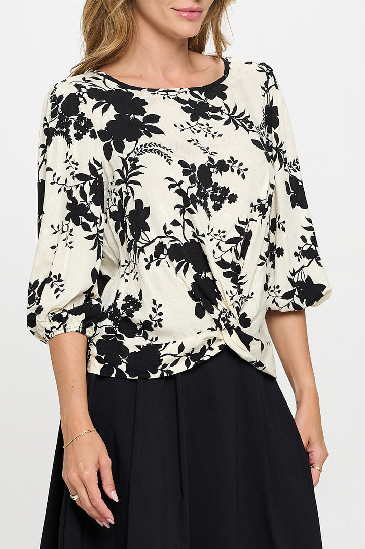 Floral Print 3/4 Sleeve Top with Front Twist-2