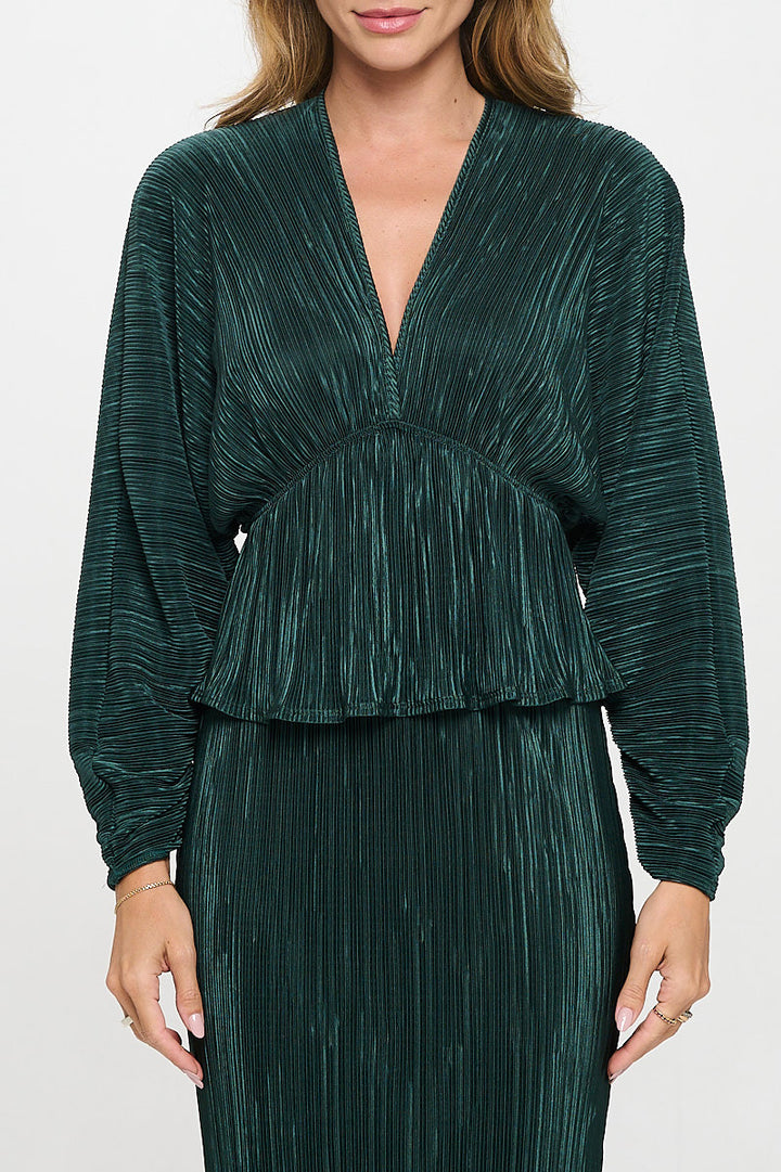 Plisse V neck Top with Balloon Dolman Sleeve-1