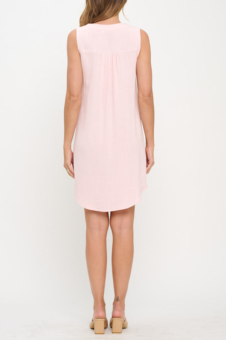 Linen V neck Sleeveless Dress with Curved Hem-3
