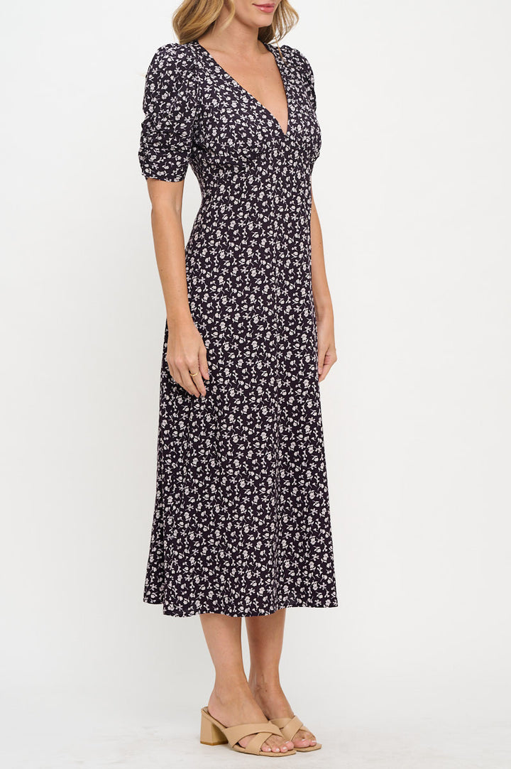 Floral Print V neck Midi Dress-2