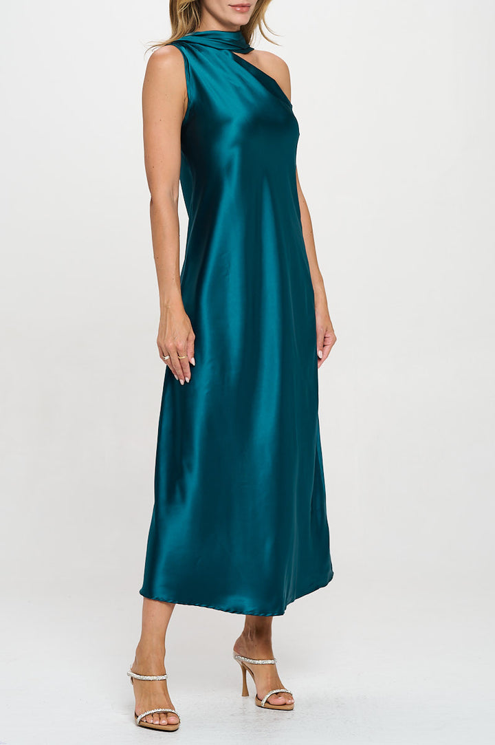 One Shoulder Satin Maxi Dress with Scarf Detail-3