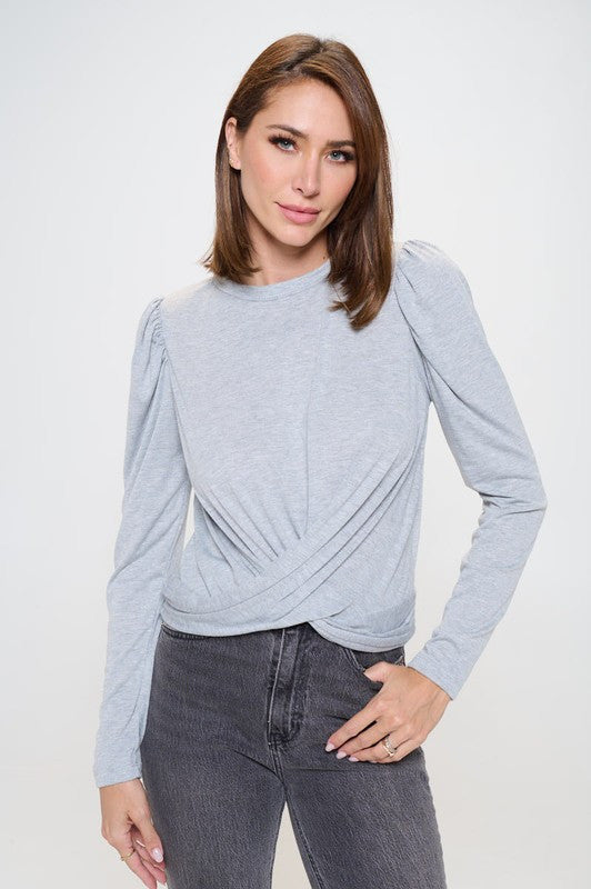 Knit Top with Puff Long Sleeve and Front Twist-0