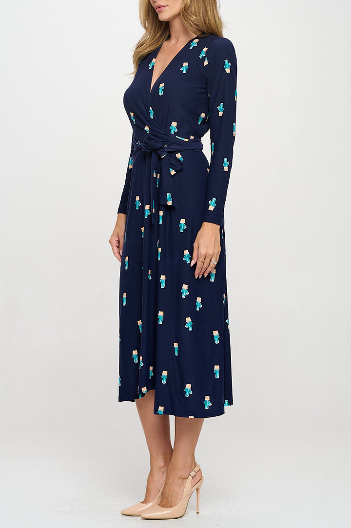 Knit Print V neck Jersey Wrap Maxi Dress with Tie-2
