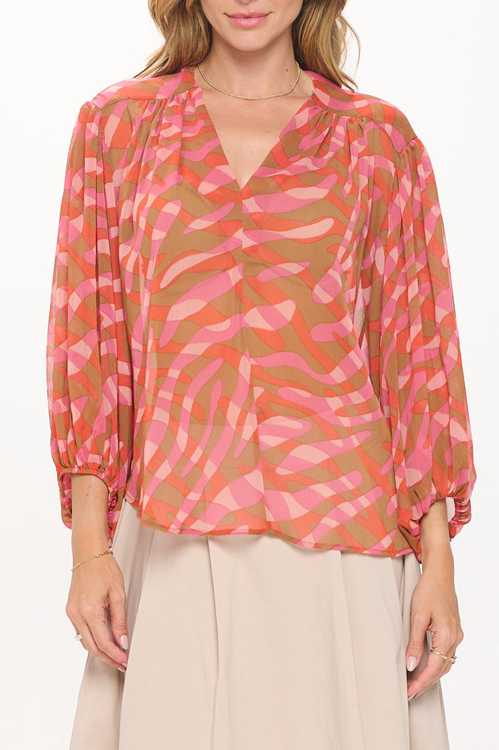 Abstract Print V neck Sheer Top with 3/4 Sleeve-1