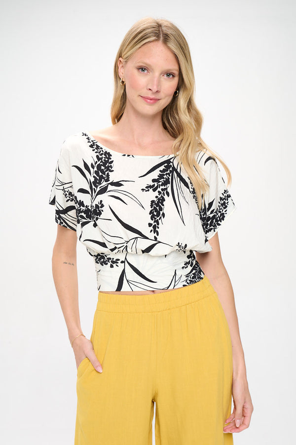 Floral Print Flowy Short Sleeve Top with Smock Bottom-0
