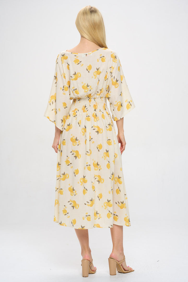 Lemon Print V neck Swing Midi Dress with Pockets-4