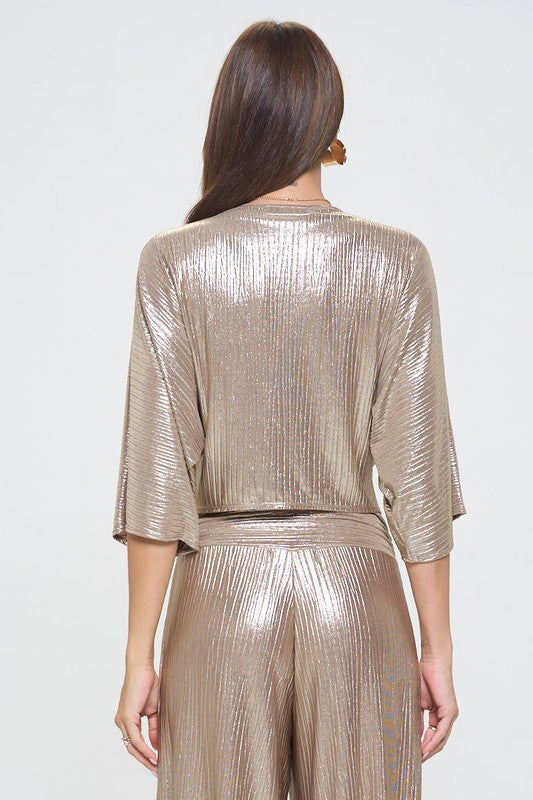 Metallic Print Short Sleeve Top w Front Twist-2