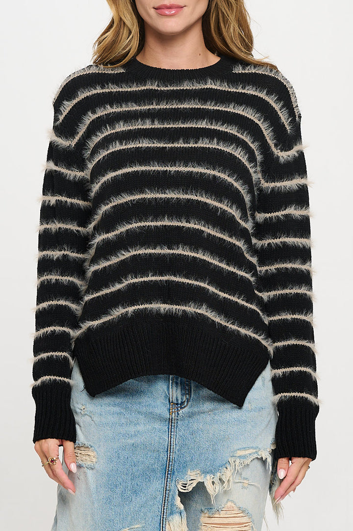 Striped Fuzzy Long Sleeve Pullover Crewneck with Side Slit-2