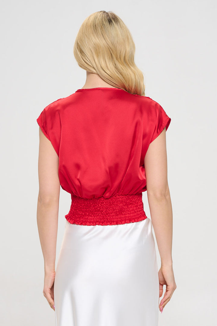 Solid Satin V neck Crop Top w Smock Back Detail-3