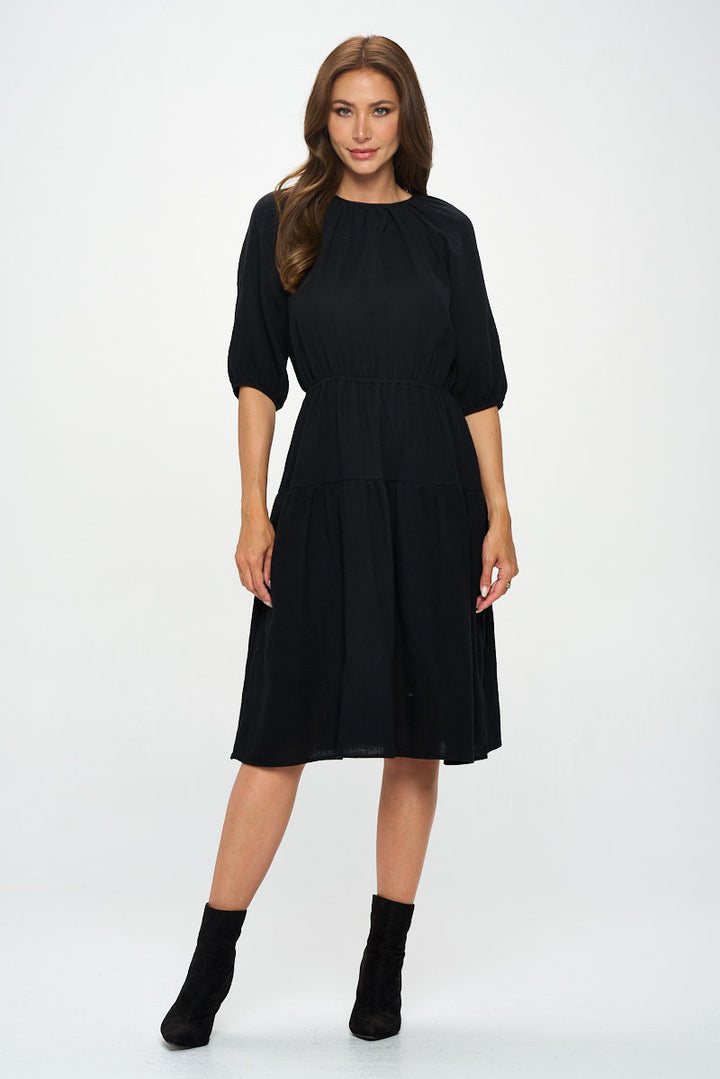 Cotton 3/4 Sleeve Tiered Midi Dress-1