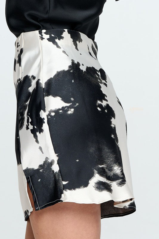 Cow Print Satin Mini Skirt with Slit-2