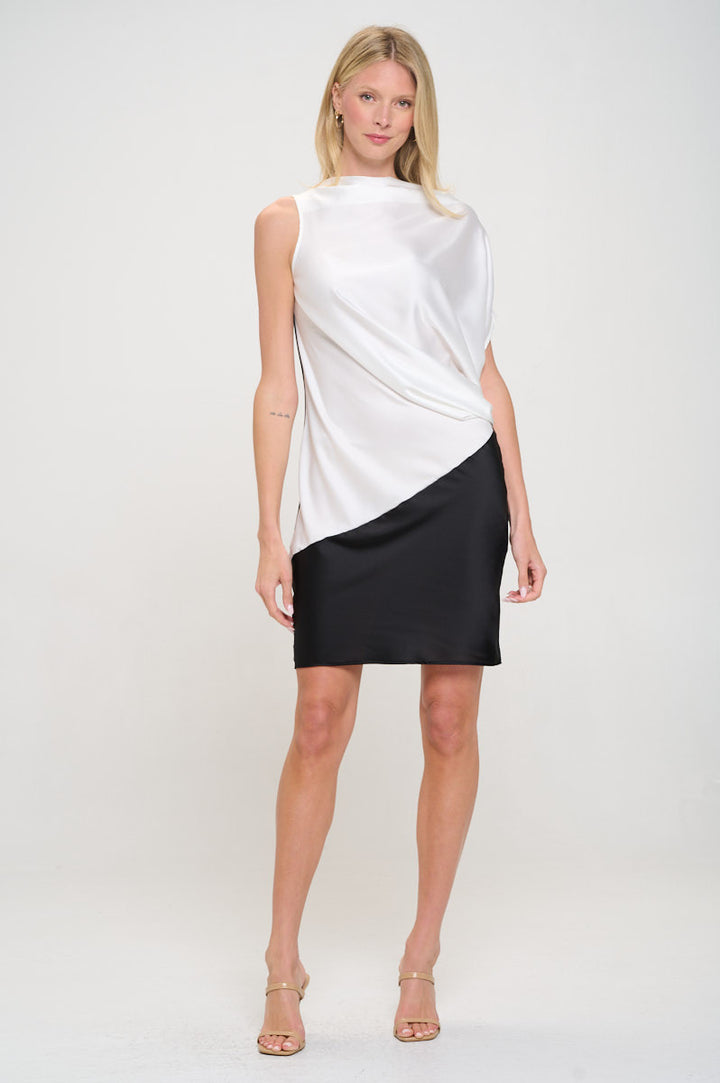 Asymmetric Color block Midi Dress with Drop Shoulder-1