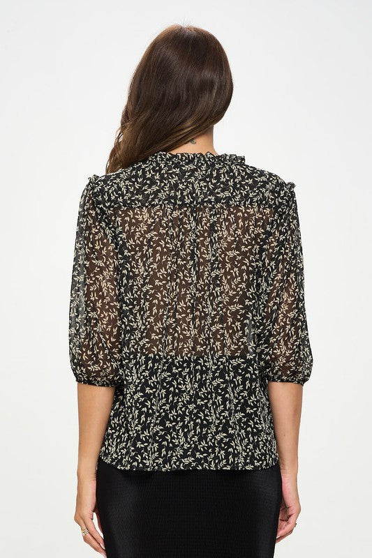 Print Semi Sheer Top with Tie-3