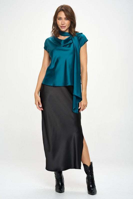 Satin Cowl Neck Short Sleeve Top with Scarf Detail-4